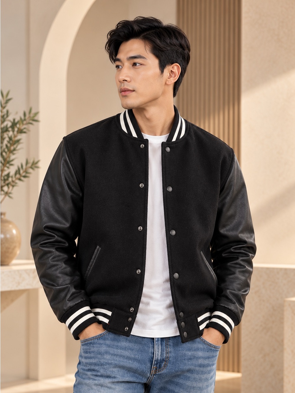 CSG Men's Black Varsity Bomber Jacket – Faux Leather Sleeves – Size M